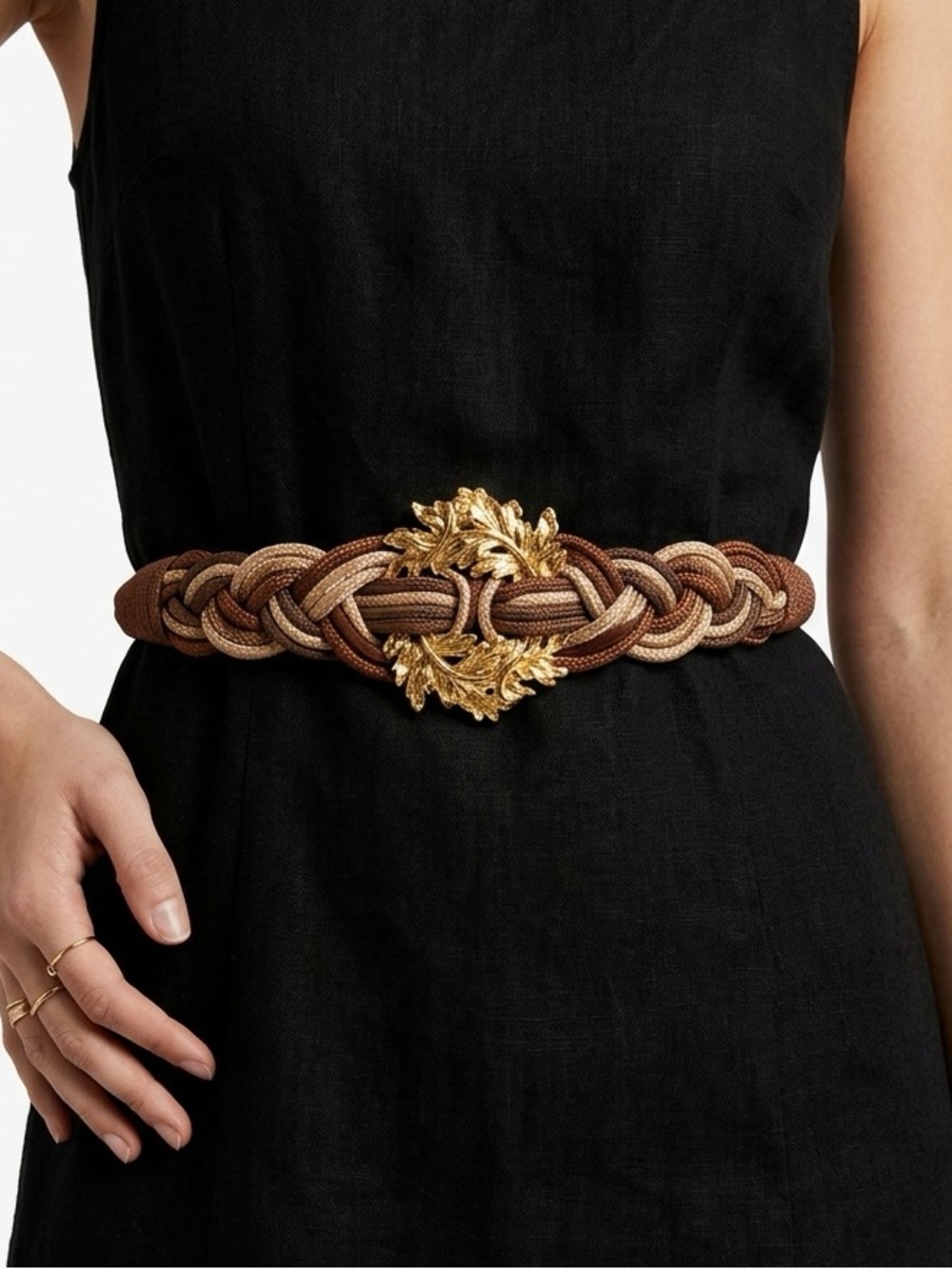 Leather Shop Braided Cord Belt Gold Leaf Buckle Metallic Rope Brown Gold L